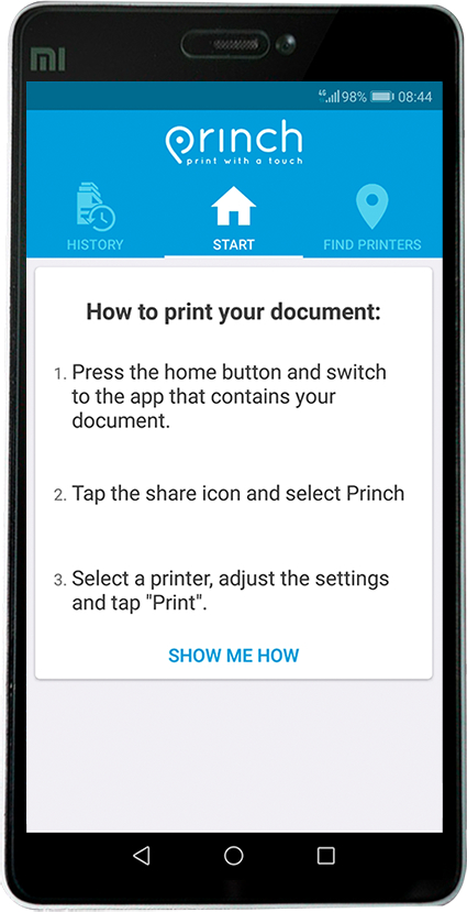 Screenshot of a phone with instructions for how to print using Princh.