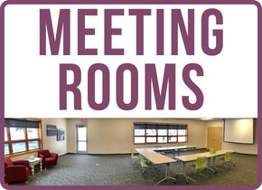 Meeting rooms web tile showing the RCU community room with red armchairs and side table and several work tables and green chairs.