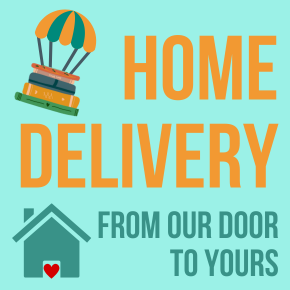 Home Delivery Service web tile, a stack of books with a parachute sailing down to a house with a heart on it.