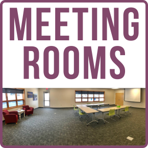 Meeting rooms web tile showing the RCU community room with red armchairs and side table and several work tables and green chairs.