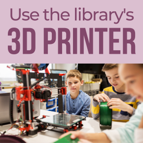 3d Printer web tile featuring children surrounding a 3D printer and holding filament.